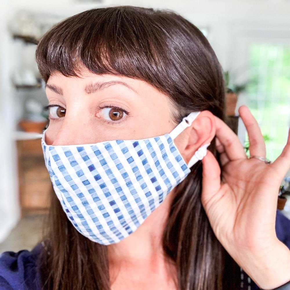 Blue check print gingham look adjustable face mask